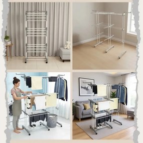 Сушилник за дрехи Kinghoff KH 2044, 30 м, До 30 кг, 3 нива, Колелца, Стомана, Бял/сив