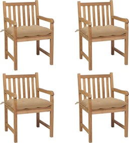 3073022 vidaXL Градински столове, 4 бр, бежови възглавници, тиково дърво масив
