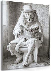 Картина на платно – Бял лъв с вестници в тоалетната