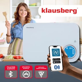 Кухненска везна Klausberg KB 7938, 5 Kg, Bluetooth, Мобилно приложение, LCD, ТАРА, 4 показателя, Течности, Индикатори, Бял/син