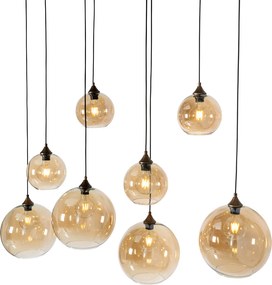 Смарт висяща лампа тъмен бронз с кехлибарено стъкло овална 8 светлини вкл. 8 Wifi G95 - Sandra