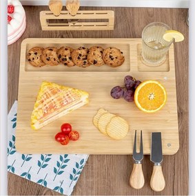 Бамбукова дъска за сирена с магнитна лента и 4 ножа от неръждаема стомана