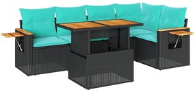 3327599 vidaXL Градински диван с възглавници, 6 части, черен полиратан, акация
