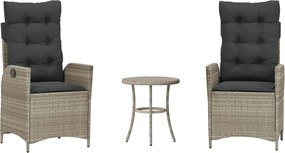 365278 vidaXL Бистро комплект с възглавници 3 части светлосив полиратан