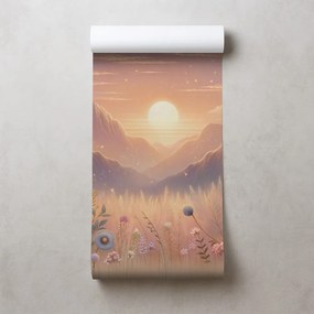 Тапет – Пастелен пейзаж с цветя при залез