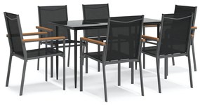 3187036 vidaXL Градински трапезен комплект 7 части черен текстилен и стомана