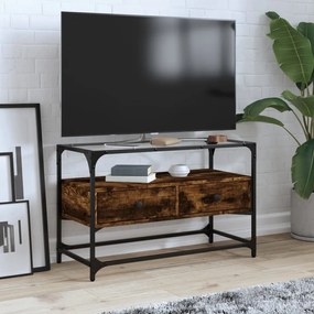 846061 vidaXL ТВ шкаф със стъклен плот опушен дъб 80x35x51 см инженерно дърво