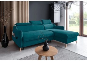 Ъглов разтегателен диван от тюркоазено кадифе (десен ъгъл) Sweet Harmony - Miuform