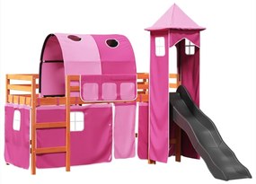 3309154 vidaXL Детско високо легло с кула, розово, 80x200 см, бор масив