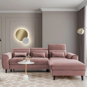 Розов кадифен разтегателен ъглов диван с място за съхранение (десен ъгъл) Foble – ELTAP