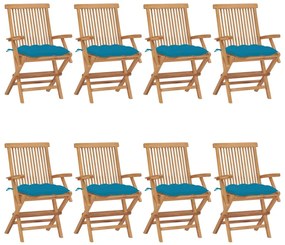 3072908 vidaXL Градински столове със светлосини възглавници 8 бр тик масив