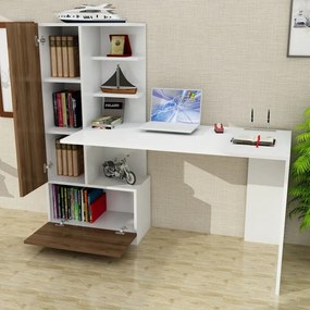 Бяло работно бюро с шкаф за книги от орехово дърво Domingos - Furny Home