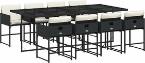3211278 vidaXL Градински трапезен комплект възглавници 9 части черен полиратан
