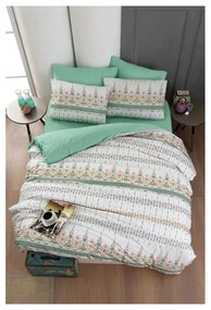 Бяло и зелено двойно удължено спално бельо с включен долен чаршаф 4 части 200x220 cm Ethnic – Mila Home