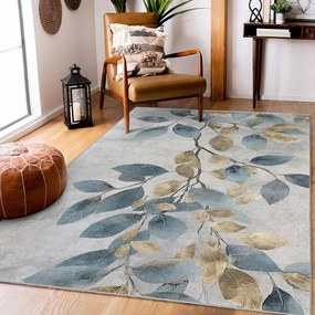 Светлосиньо-златист килим подходящ за пране 120x180 cm Golden Leaves – Mila Home