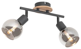 Таванна лампа черна с димно стъкло и дърво 2-светлина - Vidro