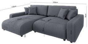 Тъмносив разтегателен ъглов диван от рипсено кадифе (променлив) Sara – Ropez