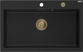 Mexen Elix гранитна кухненска мивка с 1 отделение 800 x 500 мм, черна, златен сифон - 6527801005-77-G