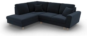 Тъмносин кадифен разтегателен ъглов диван с място за съхранение (ляв ъгъл/L форма) Kyoto – Cosmopolitan Design
