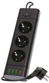 Разклонител с ключ LINEA PRO 3x230V+3xUSB-A + 1xUSB-C SCHUKO 1,5 m черен