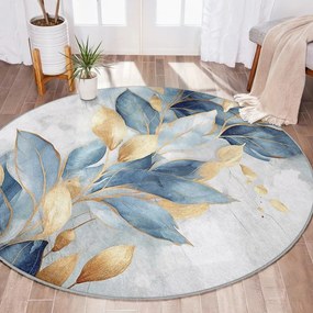 Синьо-златист кръгъл килим подходящ за пране ø 120 cm Golden Leaves – Mila Home