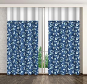 Синя завеса с принт на бели и сини цветя и бял кант Ширина: 160 см | Дължина: 250 см