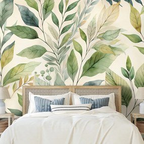 Тапет – Зелени акварелни листа на бежов фон