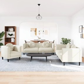 3209254 vidaXL Комплект дивани 3 части с възглавници, кремав, кадифе