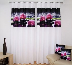Луксозна бяла завеса с розови орхидеи Ширина: 160 см | Дължина: 250 см (в комплекта има 2 броя)