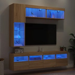 3216759 vidaXL Комплект ТВ стенни шкафове, 7 части, с LED светлини, сонома дъб