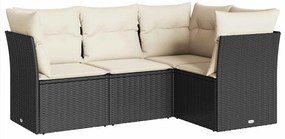 3217576 vidaXL Градински диван от 4 части с възглавници, черен, полиратан