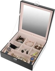 Кутия за бижута и часовници с огледало, отделящи се отделения и ключалка с ключ, екологична кожа, 25,5х25,5х30см
