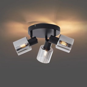 Модерна таванна лампа черна с кръгло димно стъкло 3-светлинна - Cilin