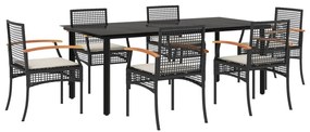 3213608 vidaXL Градински трапезен комплект 7 части възглавници черен полиратан