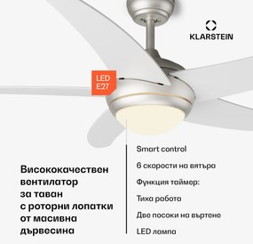 Klarstein Bolero 2 в 1 Smart, вентилатор за таван, Ø 132 cm, светлина 55 W, дистанционно управление, управление чрез приложение, двупосочно управление