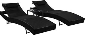 44893 vidaXL Шезлонги, 2 бр, с масичка, полиратан и Textilene, черни
