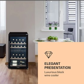Klarstein Barossa 34 Duo, охладител за вино, 2 зони, 34 бутилки, стъклена врата, сензорно управление, черен