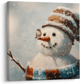 Картина на платно Коледна – Снежен човек и приятел врабче