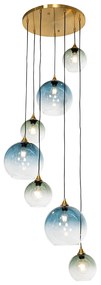 Арт Деко Висяща лампа месинг със синьо стъкло кръгла 7-светлинна - Сандра