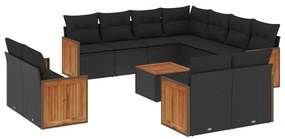 3258905 vidaXL Градински диван с възглавници, 12 части, черен, полиратан