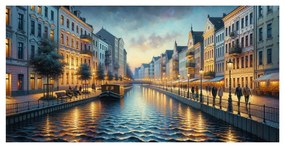 Картина на платно – Осветена вечерна крайбрежна улица