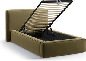 Зелено единично легло 90x200 cm тапицирано с място за съхранение с включена подматрачна рамка Jodie – Micadoni