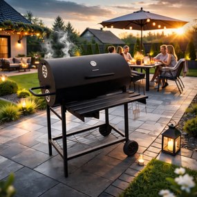 Голяма градинска скара на дървени въглища с капак и термометър