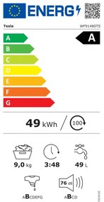 Пералня с предно зареждане Tesla WF91480TS, 1900W, 9 кг, 60 л, 14 програми, 1400 об/мин, Клас A, Steam Care, LED, Сребрист