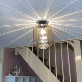 Дизайнерски таванна лампа черна с кехлибарено стъкло - Qara