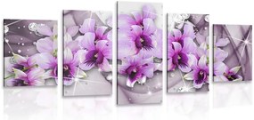 картини от 5 части – Лилави цветя на абстрактен фон