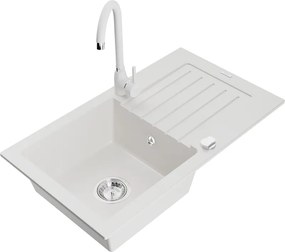 Mexen Pablo гранитна мивка с 1 отделение с отцедник и кухненски смесител Telma, бял - 6510-20-670200-20