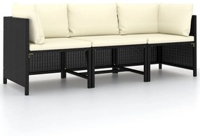 Sonata 3-местен градински диван с възглавници, черен полиратан