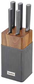 Комплект ножове Klausberg KB 7982, 6 части, Неръждаема стомана, Стойка от акациево дърво, Графит/кафяв