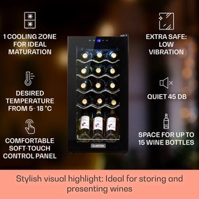 Klarstein Shiraz 15 Slim Uno, охладител за вино, 44 л, сензорен, 135 W, 5 - 18 °C, черен